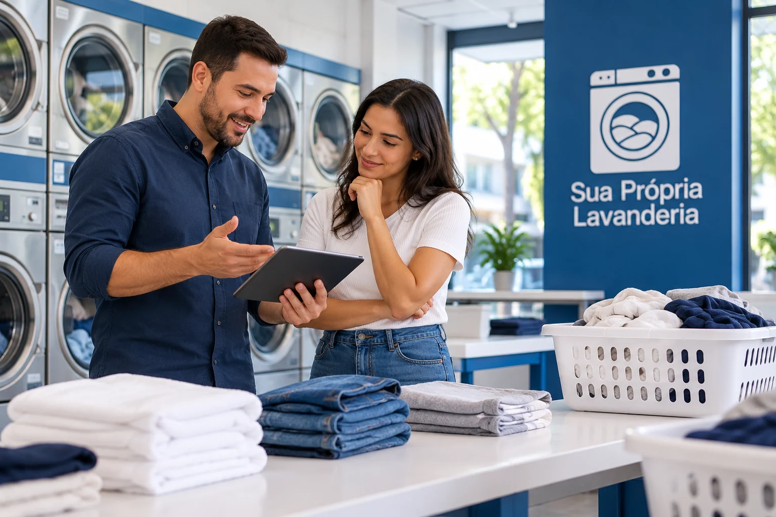 Duas pessoas conversam diante de um tablet em lavanderia azul e branca com logo SPL; cena ilustrativa.