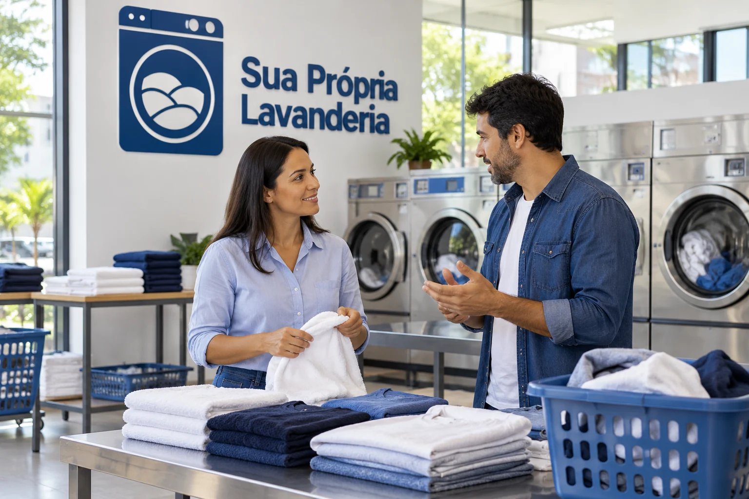 Duas pessoas conversam em lavanderia azul e branca com logo SPL e máquinas ao fundo; ilustração de operação própria.