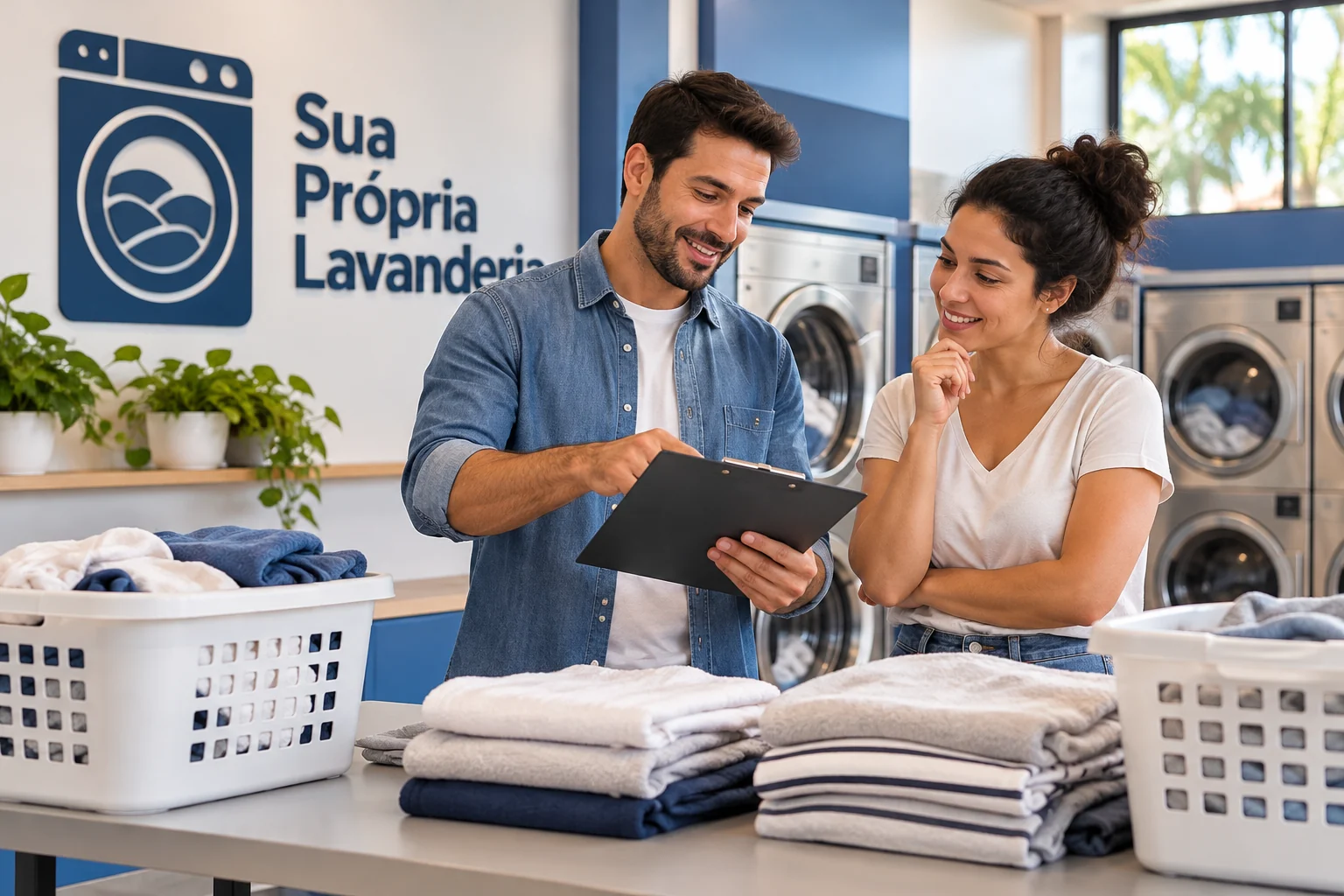 Duas pessoas observam uma prancheta sem informações legíveis em lavanderia pronta com logo SPL.