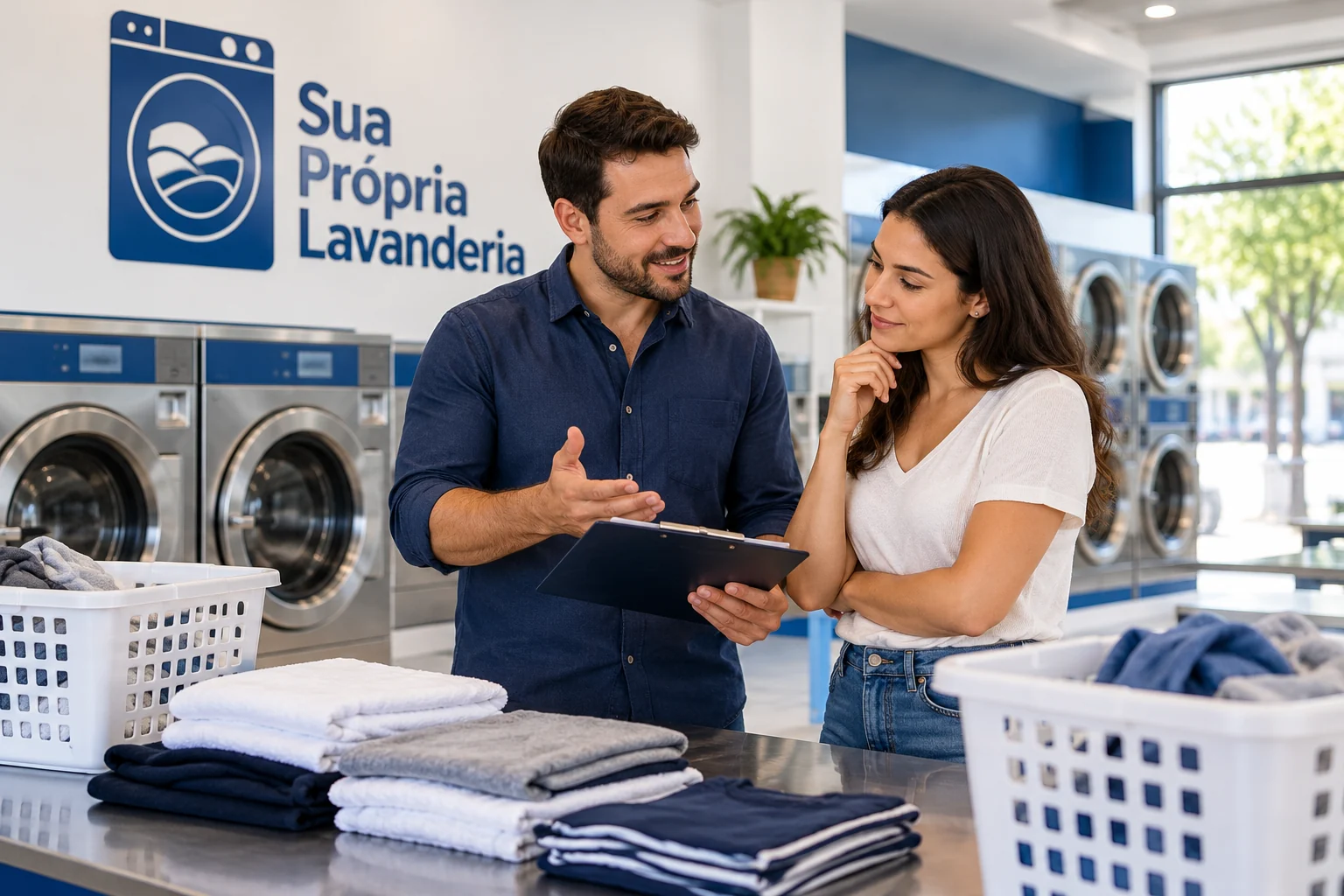 Duas pessoas conversam diante de uma prancheta em lavanderia ilustrativa azul e branca com logo SPL.