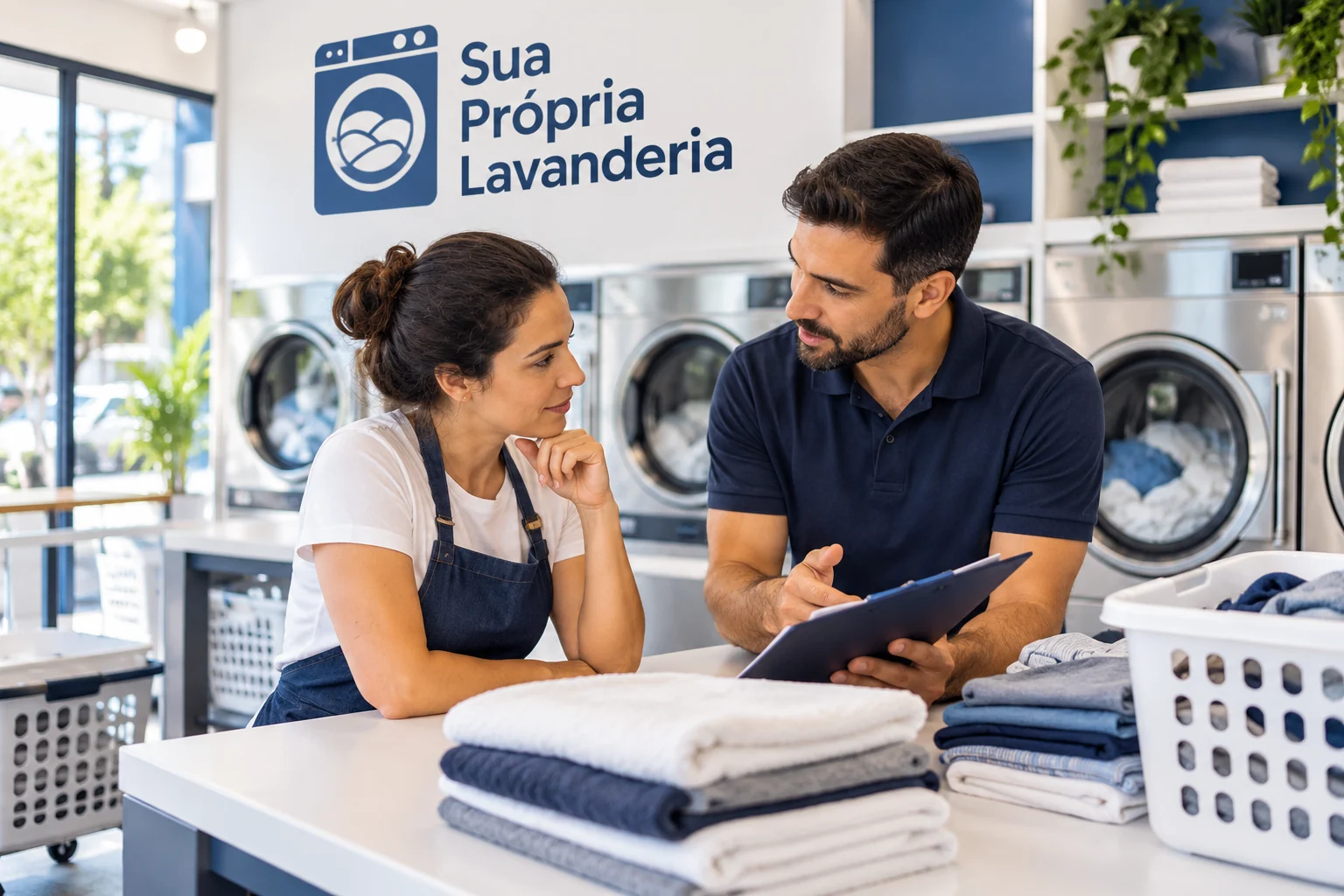 Duas pessoas discutem orientações com uma prancheta no balcão de uma lavanderia ilustrativa azul e branca com logo SPL.